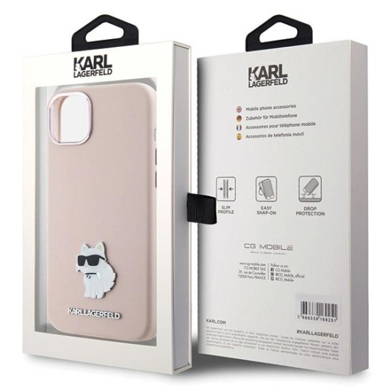 Husa pentru iPhone 15 Plus / iPhone 14 Plus - Karl Lagerfeld Silicone (KLHCP15MSMHCNPP) - Pink Choupette Metal Pin