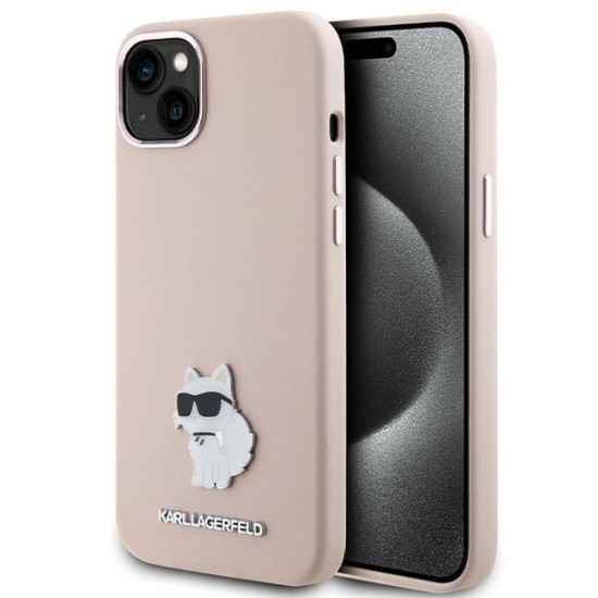 Husa pentru iPhone 15 Plus / iPhone 14 Plus - Karl Lagerfeld Silicone (KLHCP15MSMHCNPP) - Pink Choupette Metal Pin