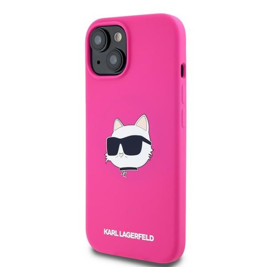 Husa pentru iPhone 15 Plus / iPhone 14 Plus - Karl Lagerfeld Silicone MagSafe (KLHMP15MSCHPPLF) - Fuschia Choupette Head