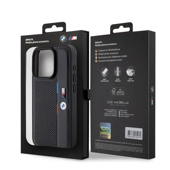 Husa pentru iPhone 15 Pro - BMW Hardcase Perforated Tricolor Line (BMHCP15L23PUPVK) - Black
