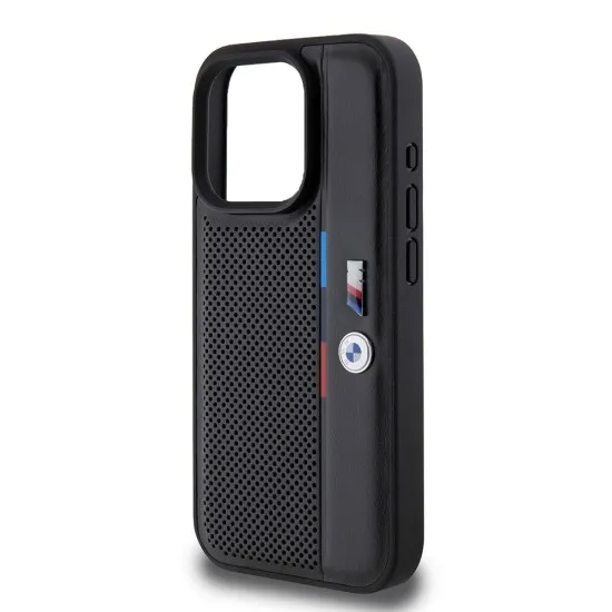 Husa pentru iPhone 15 Pro - BMW Hardcase Perforated Tricolor Line (BMHCP15L23PUPVK) - Black