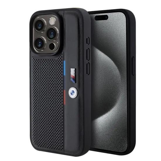 Husa pentru iPhone 15 Pro - BMW Hardcase Perforated Tricolor Line (BMHCP15L23PUPVK) - Black