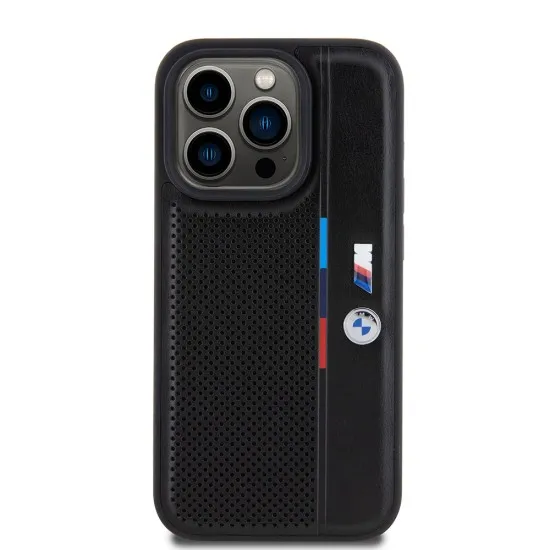 Husa pentru iPhone 15 Pro - BMW Hardcase Perforated Tricolor Line (BMHCP15L23PUPVK) - Black