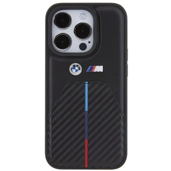 Husa pentru iPhone 15 Pro - BMW Leather Stamped Tricolor Stripe (BMHCP15L22NSTB) - Black