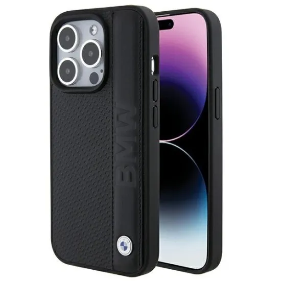 Husa pentru iPhone 15 Pro - BMW Natural Leather Textured & Stripe (BMHCP15L22RDPK) - Black