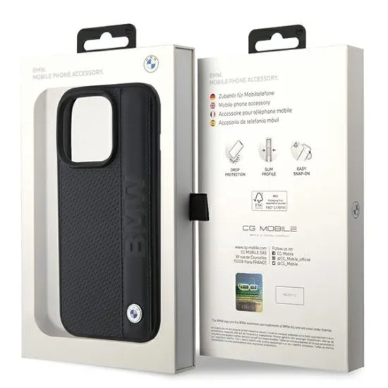 Husa pentru iPhone 15 Pro - BMW Natural Leather Textured & Stripe (BMHCP15L22RDPK) - Black