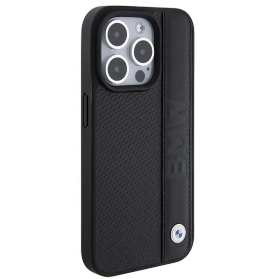 Husa pentru iPhone 15 Pro - BMW Natural Leather Textured & Stripe (BMHCP15L22RDPK) - Black
