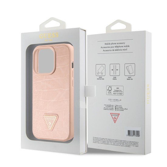 Husa pentru iPhone 15 Pro - Croco Triangle Metal Logo (GUHCP15LPCRTHCP) - Pink