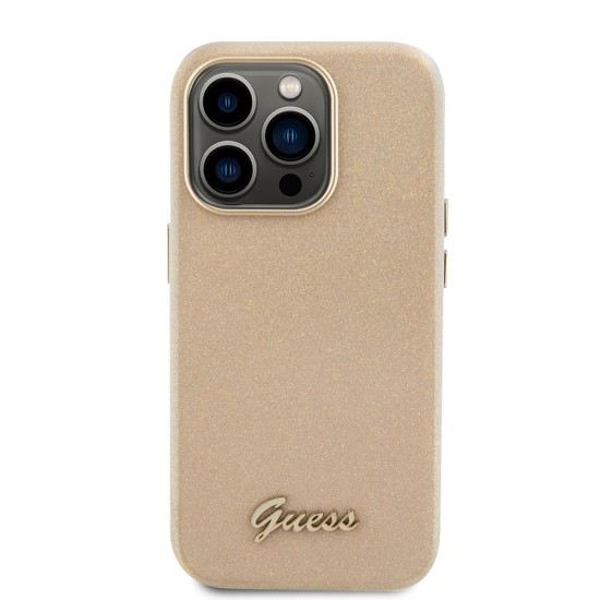 Husa pentru iPhone 15 Pro - Guess Glitter Glossy Script (GUHCP15LPGMCSD) - Sparkle Beige