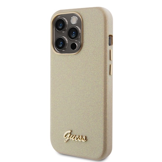 Husa pentru iPhone 15 Pro - Guess Glitter Glossy Script (GUHCP15LPGMCSD) - Sparkle Beige