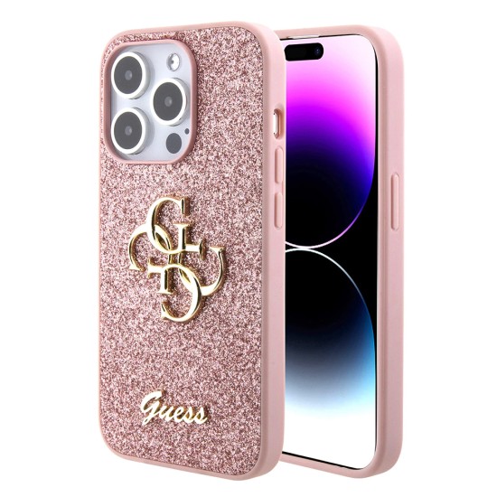 Husa pentru iPhone 15 Pro - Guess Glitter Script Big 4G (GUHCP15LHG4SGP) - Pink