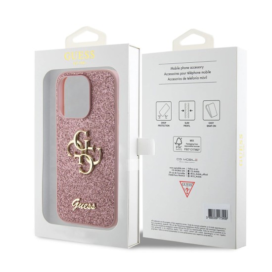 Husa pentru iPhone 15 Pro - Guess Glitter Script Big 4G (GUHCP15LHG4SGP) - Pink