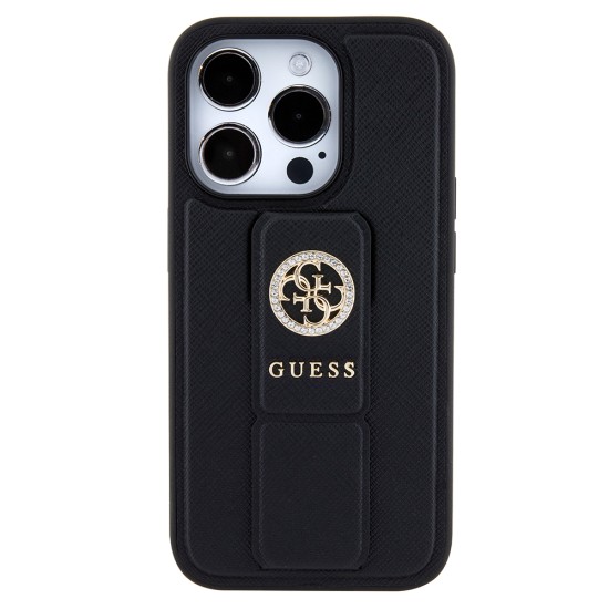 Husa pentru iPhone 15 Pro - Guess Grip Stand 4G Saffiano Strass (GUHCP15LPGSSADK) - Black