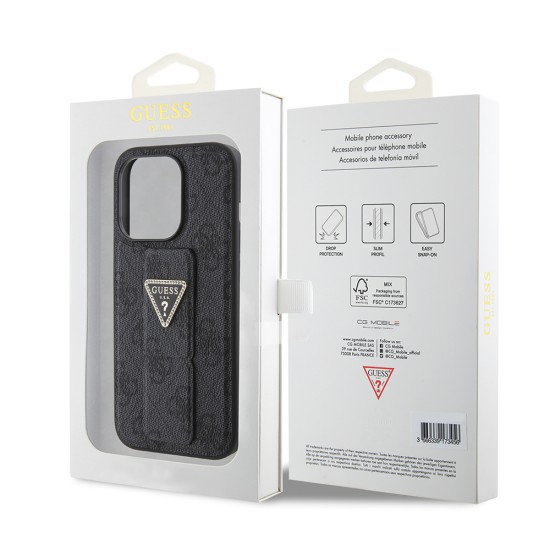 Husa pentru iPhone 15 Pro - Guess Grip Stand 4G Triangle Strass (GUHCP15LPGS4TDK) - Black