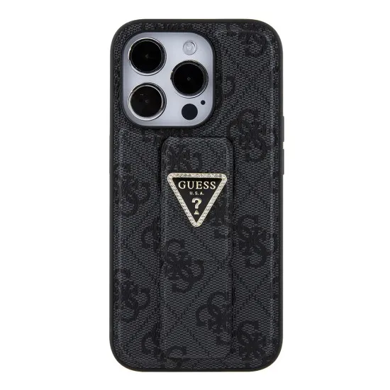Husa pentru iPhone 15 Pro - Guess Grip Stand 4G Triangle Strass (GUHCP15LPGS4TDK) - Black Husa pentru iPhone 15 Pro - Guess Grip Stand 4G Triangle Strass (GUHCP15LPGS4TDK) - Black