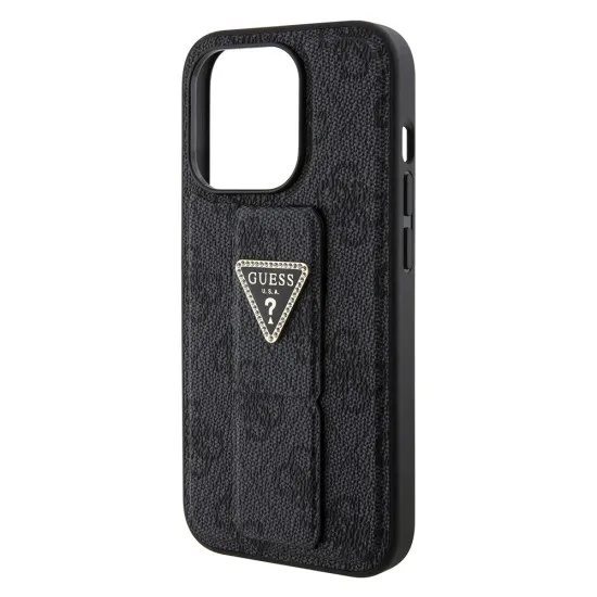 Husa pentru iPhone 15 Pro - Guess Grip Stand 4G Triangle Strass (GUHCP15LPGS4TDK) - Black Husa pentru iPhone 15 Pro - Guess Grip Stand 4G Triangle Strass (GUHCP15LPGS4TDK) - Black