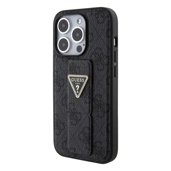 Husa pentru iPhone 15 Pro - Guess Grip Stand 4G Triangle Strass (GUHCP15LPGS4TDK) - Black Husa pentru iPhone 15 Pro - Guess Grip Stand 4G Triangle Strass (GUHCP15LPGS4TDK) - Black
