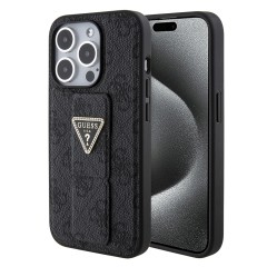 Husa pentru iPhone 15 Pro - Guess Grip Stand 4G Triangle Strass (GUHCP15LPGS4TDK) - Black Husa pentru iPhone 15 Pro - Guess Grip Stand 4G Triangle Strass (GUHCP15LPGS4TDK) - Black