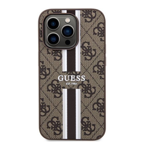 Husa pentru iPhone 15 Pro - Guess Hardcase 4G Printed Stripes MagSafe (GUHMP15LP4RPSW) - Brown