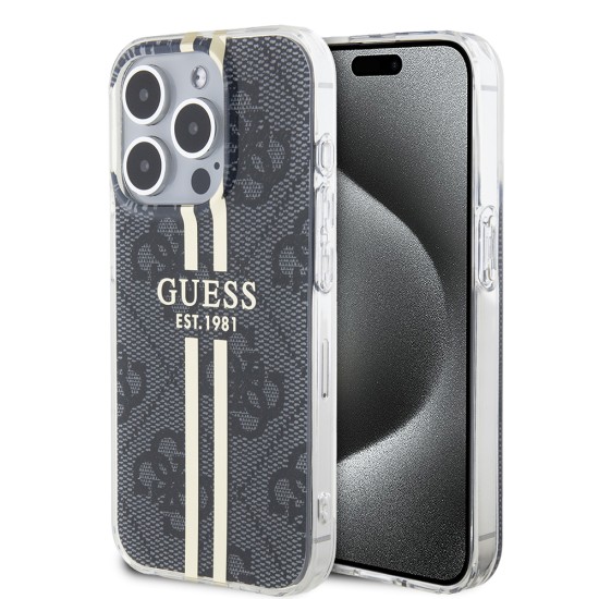 Husa pentru iPhone 15 Pro - Guess Hardcase IML 4G Gold Stripe (GUHCP15LH4PSEGK) - Black