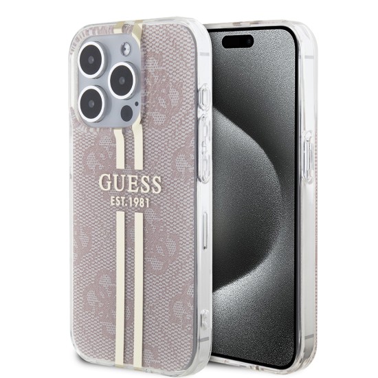 Husa pentru iPhone 15 Pro - Guess Hardcase IML 4G Gold Stripe (GUHCP15LH4PSEGP) - Pink