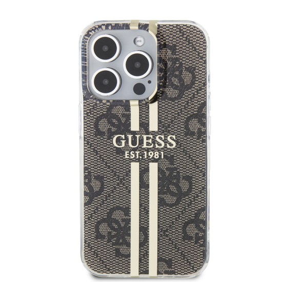 Husa pentru iPhone 15 Pro - Guess Hardcase IML 4G Gold Stripe (GUHCP15LH4PSEGW) - Brown