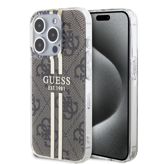 Husa pentru iPhone 15 Pro - Guess Hardcase IML 4G Gold Stripe (GUHCP15LH4PSEGW) - Brown