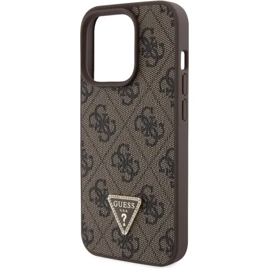 Husa pentru iPhone 15 Pro - Guess Leather 4G Triangle Strass (GUHCP15LP4TDPW) - Brown Husa pentru iPhone 15 Pro - Guess Leather 4G Triangle Strass (GUHCP15LP4TDPW) - Brown