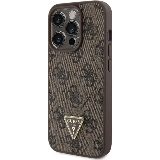 Husa pentru iPhone 15 Pro - Guess Leather 4G Triangle Strass (GUHCP15LP4TDPW) - Brown Husa pentru iPhone 15 Pro - Guess Leather 4G Triangle Strass (GUHCP15LP4TDPW) - Brown