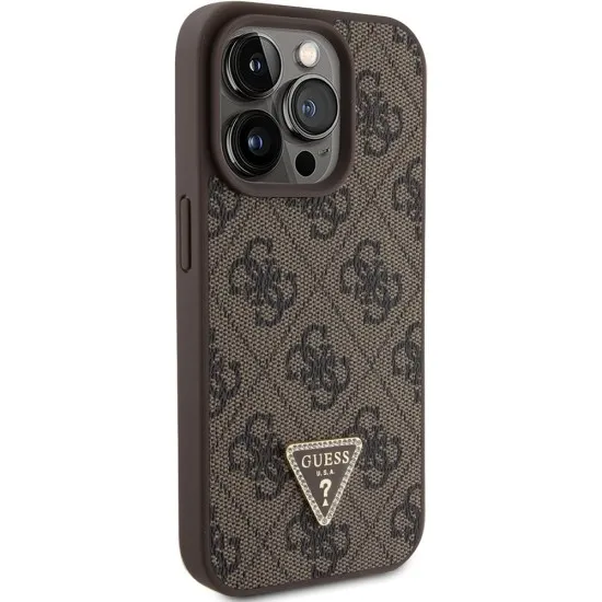Husa pentru iPhone 15 Pro - Guess Leather 4G Triangle Strass (GUHCP15LP4TDPW) - Brown Husa pentru iPhone 15 Pro - Guess Leather 4G Triangle Strass (GUHCP15LP4TDPW) - Brown