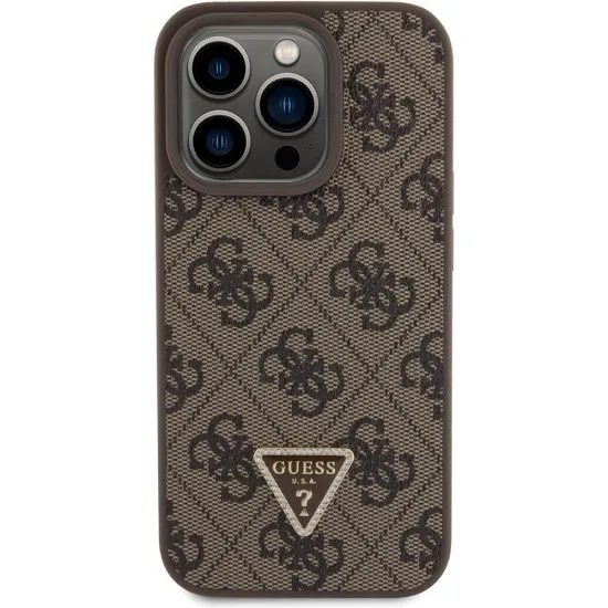 Husa pentru iPhone 15 Pro - Guess Leather 4G Triangle Strass (GUHCP15LP4TDPW) - Brown Husa pentru iPhone 15 Pro - Guess Leather 4G Triangle Strass (GUHCP15LP4TDPW) - Brown