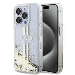 Husa pentru iPhone 15 Pro - Guess Liquid Glitter Gold Stripes (GUHCP15LLFCSEGT) - Transparent Husa pentru iPhone 15 Pro - Guess Liquid Glitter Gold Stripes (GUHCP15LLFCSEGT) - Transparent