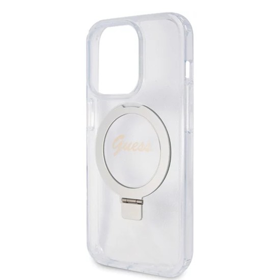 Husa pentru iPhone 15 Pro - Guess Ring Stand Script Glitter MagSafe (GUHMP15LHRSGSD) - Clear