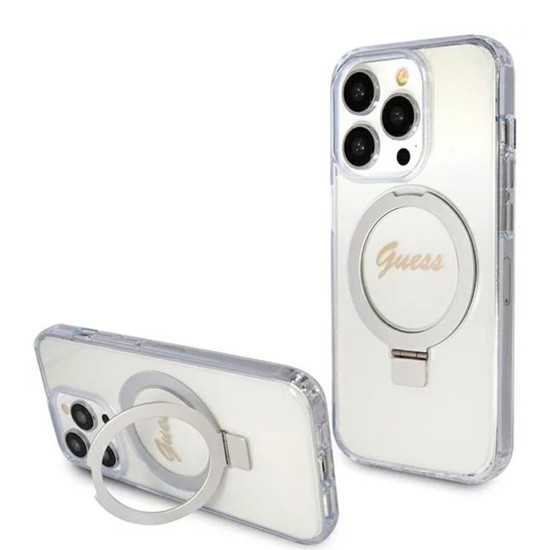 Husa pentru iPhone 15 Pro - Guess Ring Stand Script Glitter MagSafe (GUHMP15LHRSGSD) - Clear