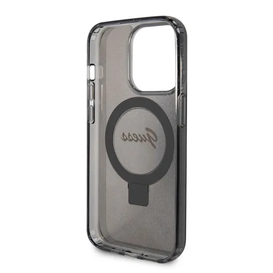 Husa pentru iPhone 15 Pro - Guess Ring Stand Script Glitter MagSafe (GUHMP15LHRSGSK) - Black Husa pentru iPhone 15 Pro - Guess Ring Stand Script Glitter MagSafe (GUHMP15LHRSGSK) - Black