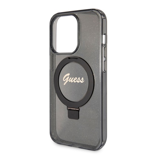 Husa pentru iPhone 15 Pro - Guess Ring Stand Script Glitter MagSafe (GUHMP15LHRSGSK) - Black