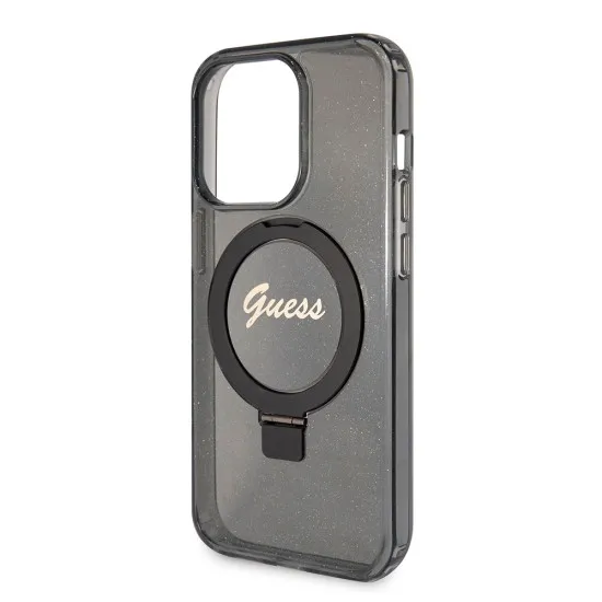 Husa pentru iPhone 15 Pro - Guess Ring Stand Script Glitter MagSafe (GUHMP15LHRSGSK) - Black Husa pentru iPhone 15 Pro - Guess Ring Stand Script Glitter MagSafe (GUHMP15LHRSGSK) - Black