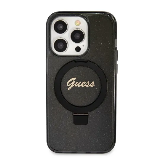 Husa pentru iPhone 15 Pro - Guess Ring Stand Script Glitter MagSafe (GUHMP15LHRSGSK) - Black Husa pentru iPhone 15 Pro - Guess Ring Stand Script Glitter MagSafe (GUHMP15LHRSGSK) - Black