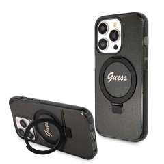 Husa pentru iPhone 15 Pro - Guess Ring Stand Script Glitter MagSafe (GUHMP15LHRSGSK) - Black Husa pentru iPhone 15 Pro - Guess Ring Stand Script Glitter MagSafe (GUHMP15LHRSGSK) - Black