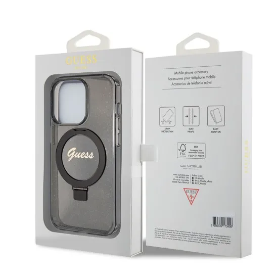 Husa pentru iPhone 15 Pro - Guess Ring Stand Script Glitter MagSafe (GUHMP15LHRSGSK) - Black Husa pentru iPhone 15 Pro - Guess Ring Stand Script Glitter MagSafe (GUHMP15LHRSGSK) - Black