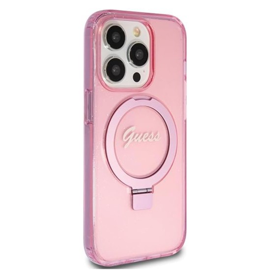 Husa pentru iPhone 15 Pro - Guess Ring Stand Script Glitter MagSafe (GUHMP15LHRSGSP) - Pink