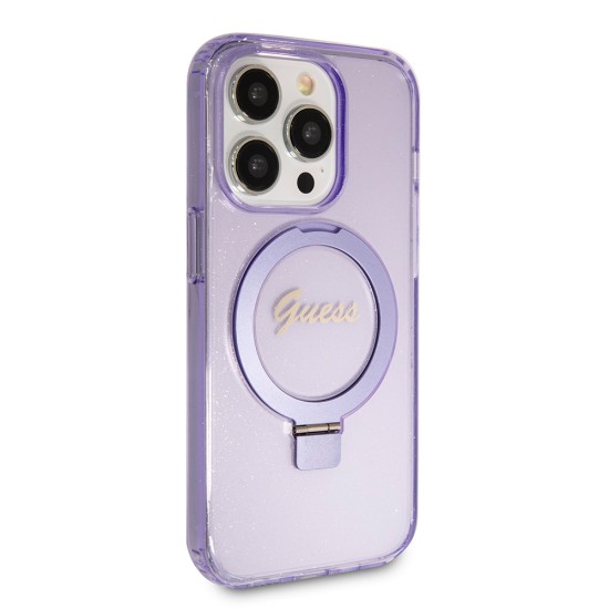 Husa pentru iPhone 15 Pro - Guess Ring Stand Script Glitter MagSafe (GUHMP15LHRSGSU) - Purple