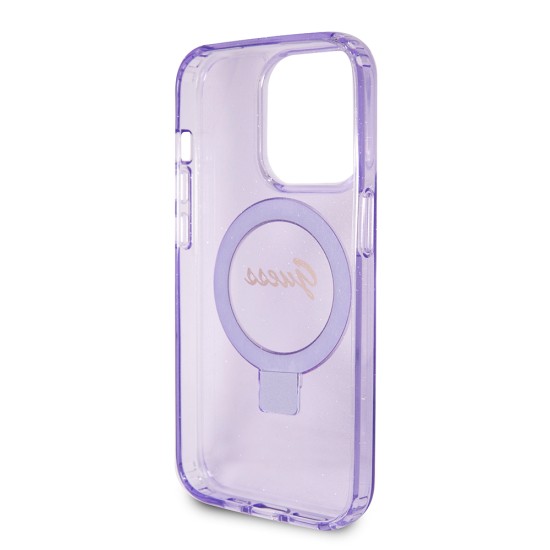 Husa pentru iPhone 15 Pro - Guess Ring Stand Script Glitter MagSafe (GUHMP15LHRSGSU) - Purple