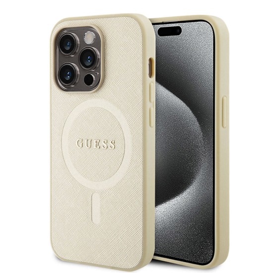 Husa pentru iPhone 15 Pro - Guess Saffiano MagSafe (GUHMP15LPSAHMCB) - Gold