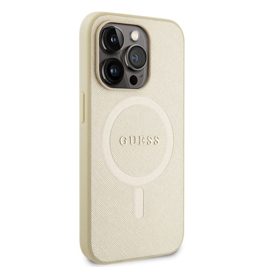 Husa pentru iPhone 15 Pro - Guess Saffiano MagSafe (GUHMP15LPSAHMCB) - Gold