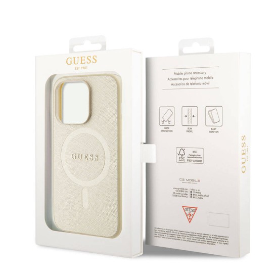 Husa pentru iPhone 15 Pro - Guess Saffiano MagSafe (GUHMP15LPSAHMCB) - Gold