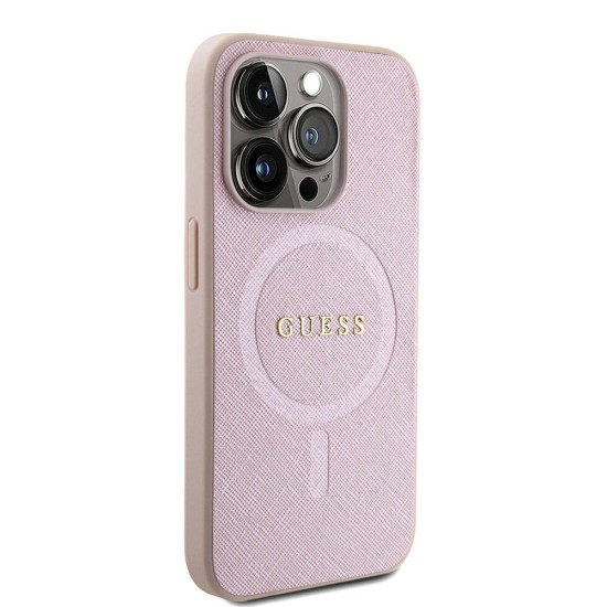 Husa pentru iPhone 15 Pro - Guess Saffiano MagSafe (GUHMP15LPSAHMCP) - Pink