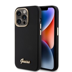 Husa pentru iPhone 15 Pro - Guess Silicone Script Metal Logo & Frame (GUHCP15LSMBSLK) - Black Husa pentru iPhone 15 Pro - Guess Silicone Script Metal Logo & Frame (GUHCP15LSMBSLK) - Black