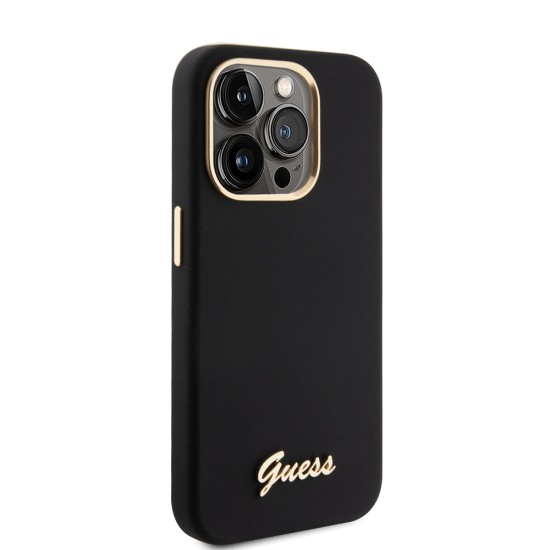 Husa pentru iPhone 15 Pro - Guess Silicone Script Metal Logo & Frame (GUHCP15LSMBSLK) - Black