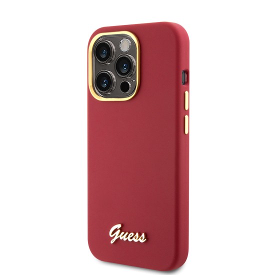 Husa pentru iPhone 15 Pro - Guess Silicone Script Metal Logo & Frame (GUHCP15LSMBSLM) - Red